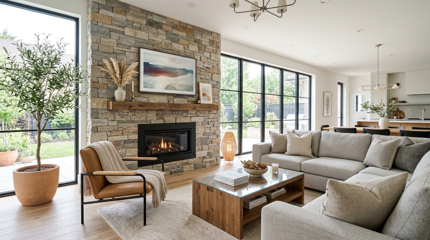 Living room stone accents and design ideas