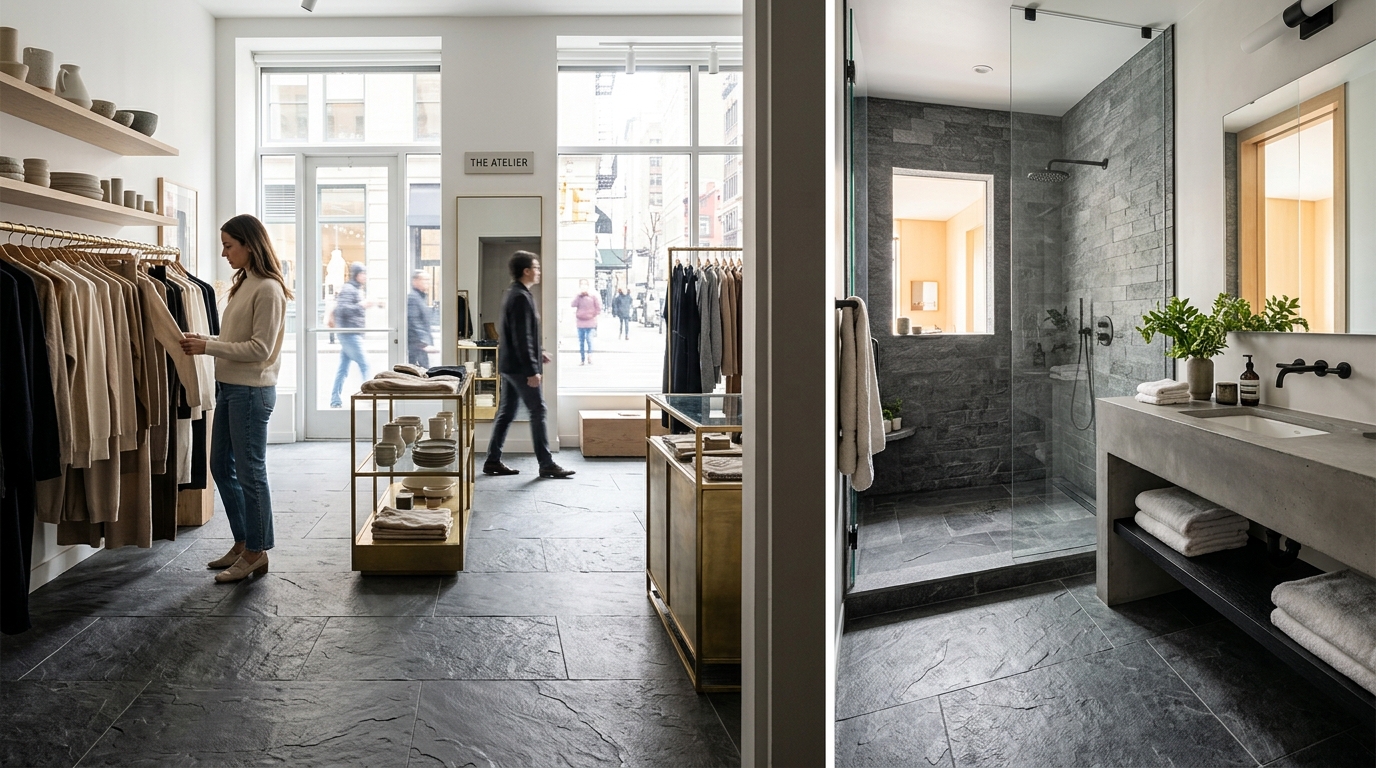Flexible stone veneer flooring in bathrooms and boutiques
