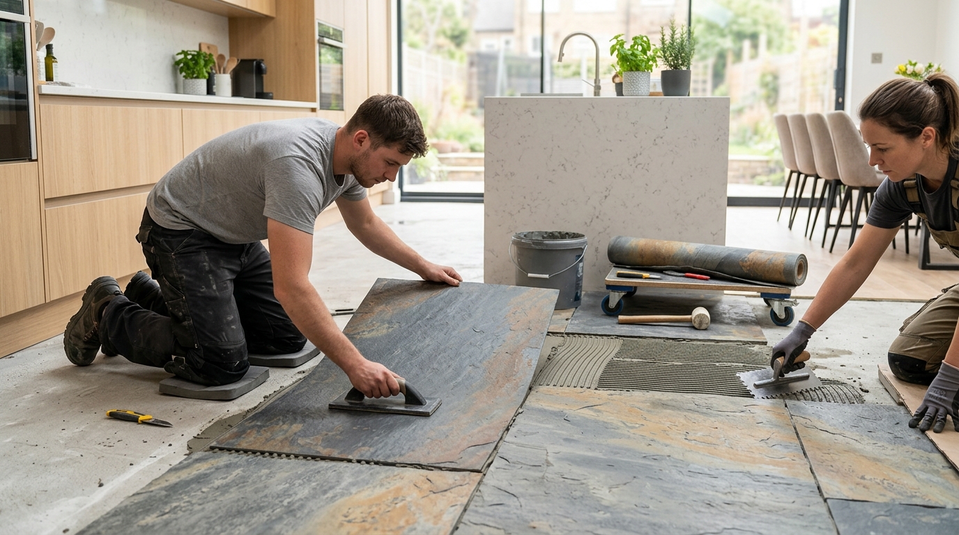 Flexible stone veneer flooring installation process